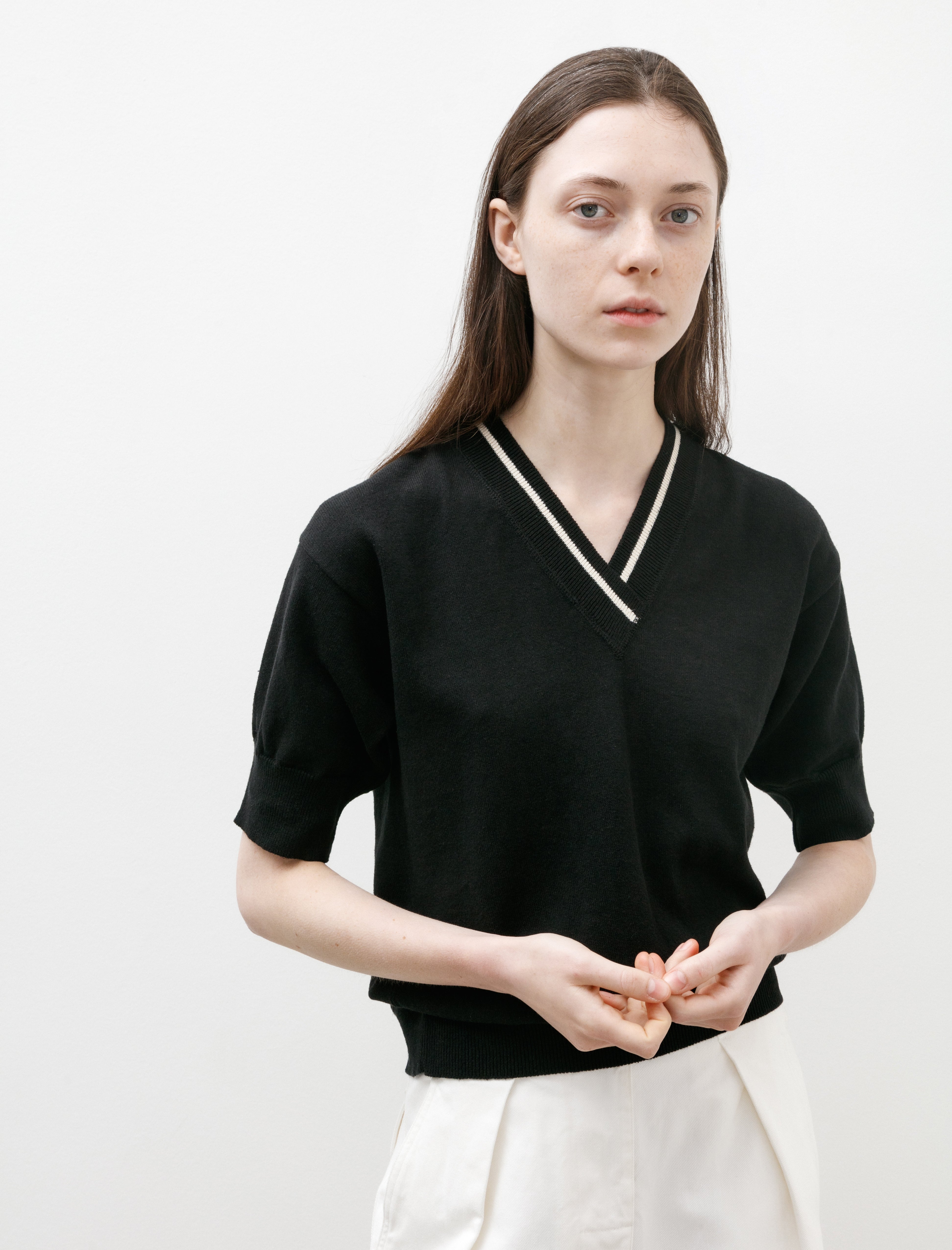 Margaret Howell MHL Tipped V Neck Hemp Cotton top - Black