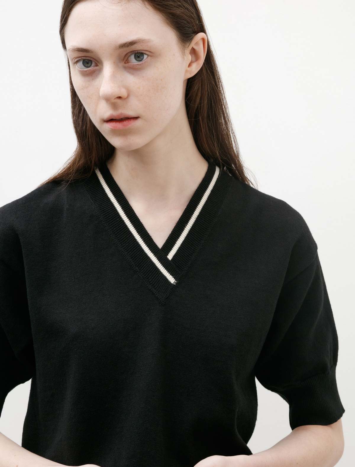 Margaret Howell MHL Tipped V Neck Hemp Cotton top - Black