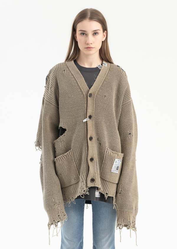 Mihara Yasuhiro BLEACHED KNIT CARDIGAN - KHAKI | Garmentory