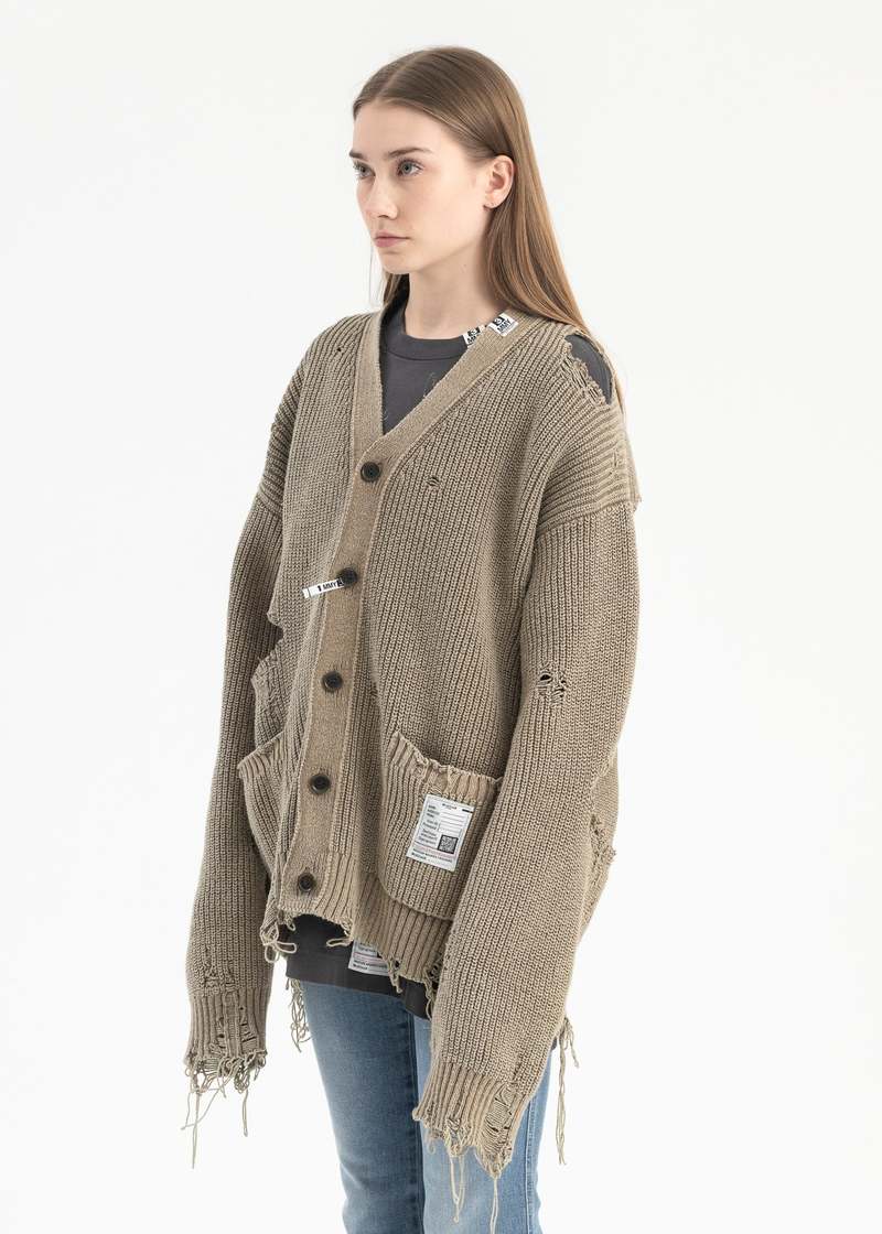 Mihara Yasuhiro BLEACHED KNIT CARDIGAN - KHAKI | Garmentory