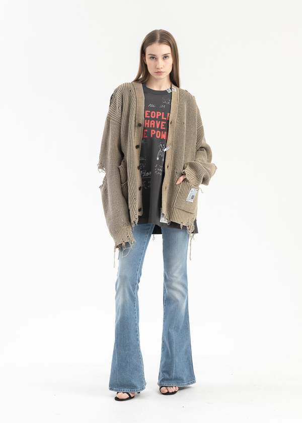 Mihara Yasuhiro BLEACHED KNIT CARDIGAN - KHAKI | Garmentory