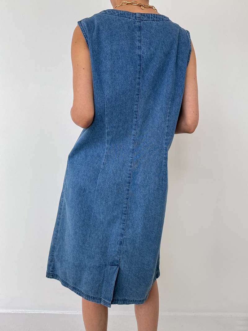 jhanvi kapoor backless dress 1980s-90s Midi-length Zipper Denim Coat Dress Medium