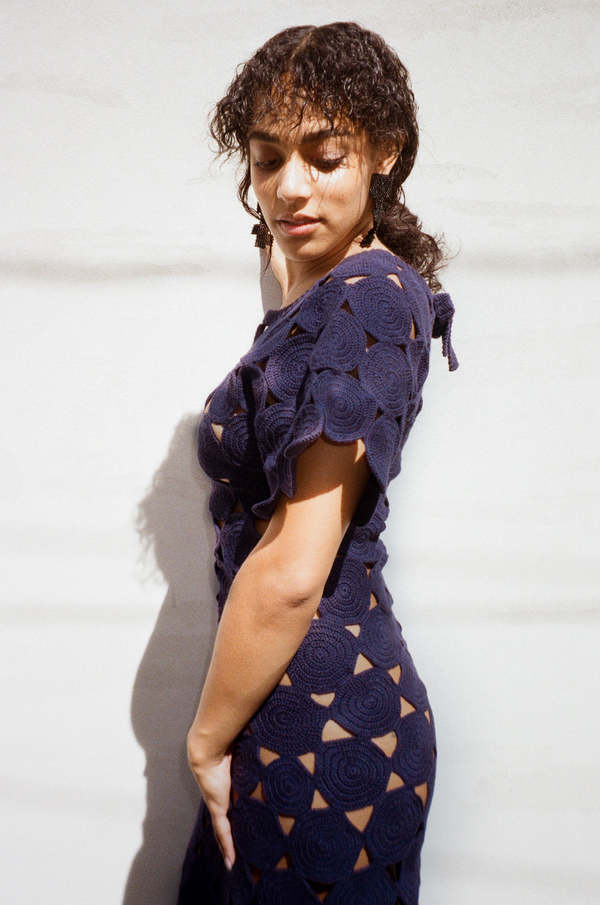 Mozhdeh Matin Haruka Circle Crochet Long Dress - Navy | Garmentory