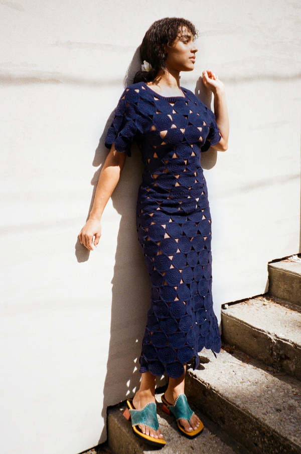 Mozhdeh Matin Haruka Circle Crochet Long Dress - Navy | Garmentory
