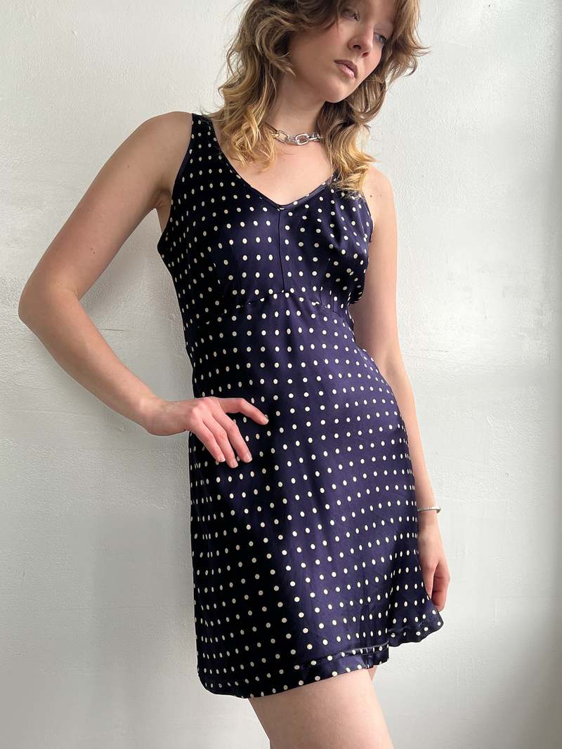 Vintage Betsey Johnson Dotted Satin Dress - Navy/White | Garmentory