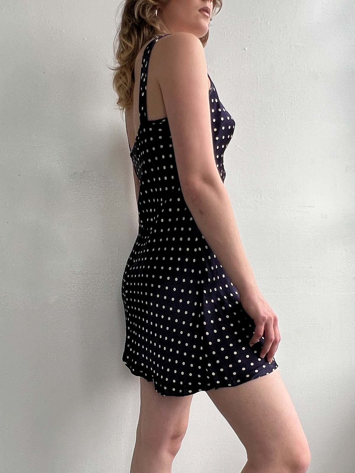 betsey johnson blue polka dot dress BETSEY JOHNSON Navy Blue Polka Dot Dress 6 Pleated Skirt Sleeveless
