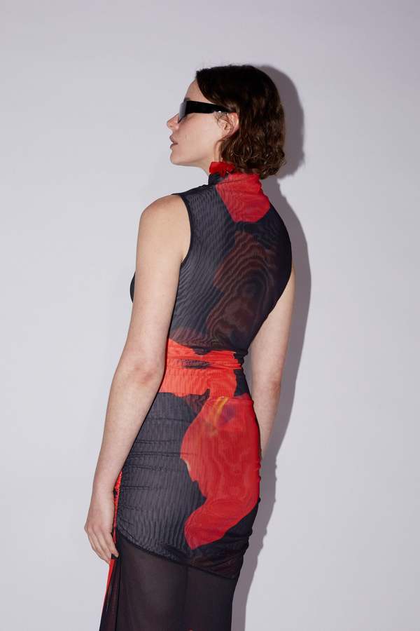 SAEMDI FLORAL PRINTED MESH DRESS - BLACK | Garmentory