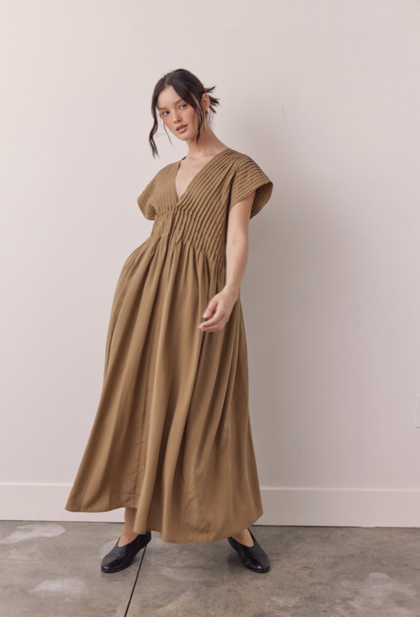 amente Pintucked Midi Dress - Brown | Garmentory