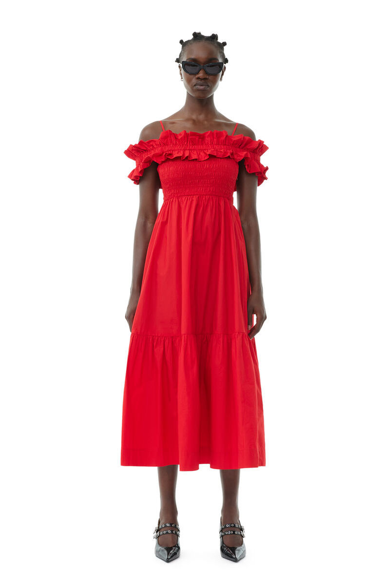Ganni Cotton Poplin Long Smock Dress - Racing Red | Garmentory