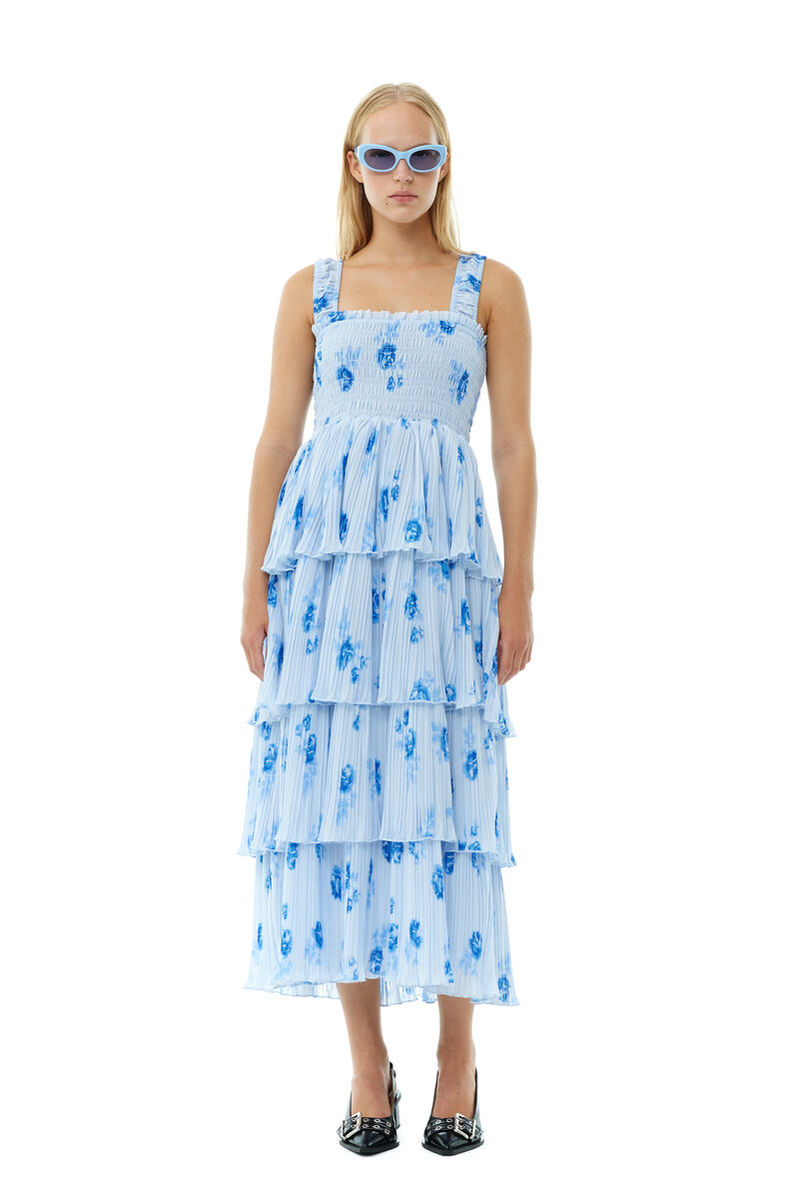 Ganni Pleated Georgette Smock Midi Strap Dress - Heather