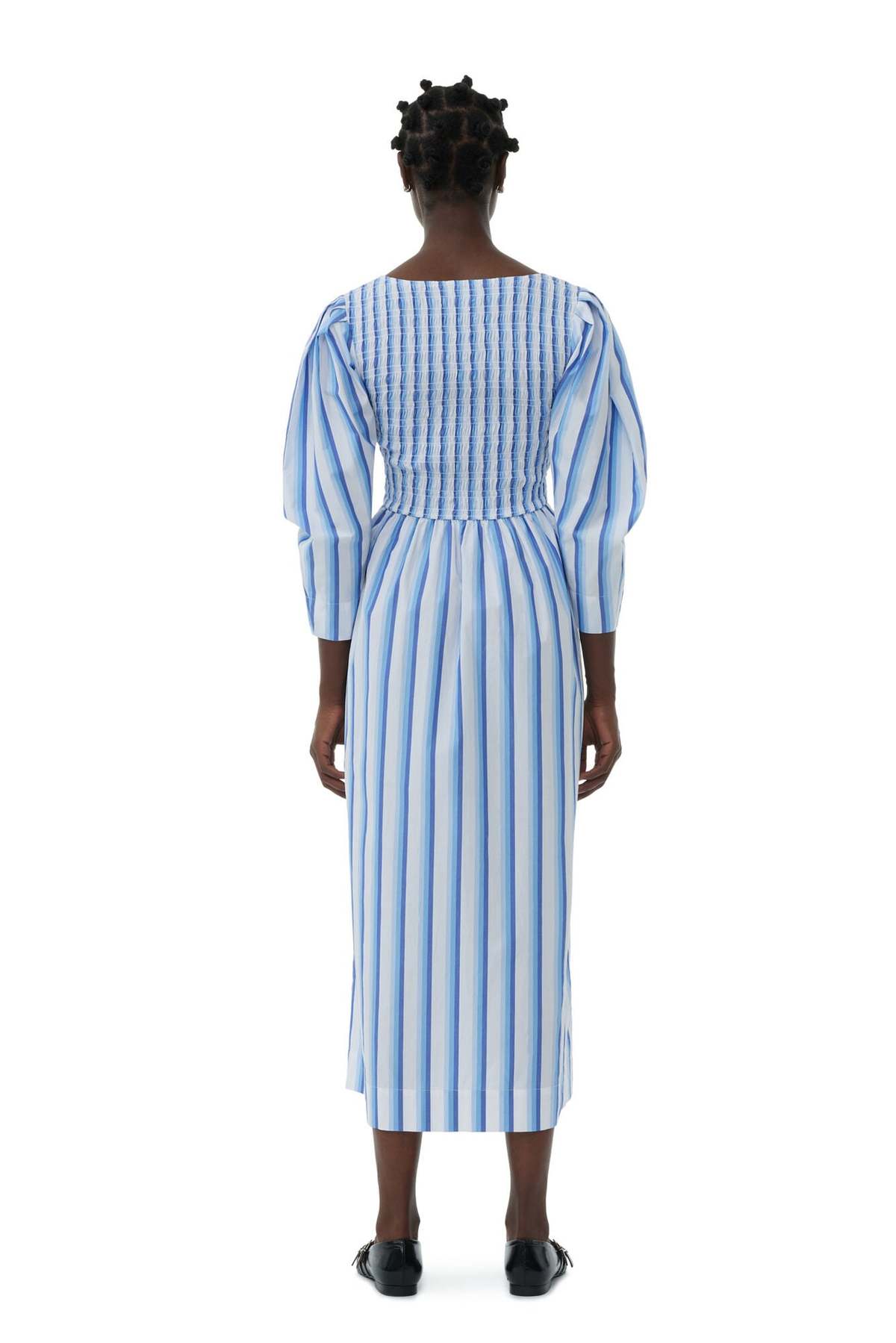 【送料関税込】Ganni Stripe Cotton Open-neck Smock Long Dress GANNI Women's Stripe Cotton Open-neck Smock Long Dress in