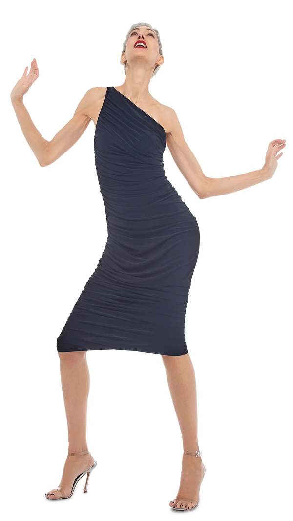 norma kamali diana knee length dress Norma Kamali Diana Long Sleeve Ruched Knee Assymetric Dress L Military Olive NWT
