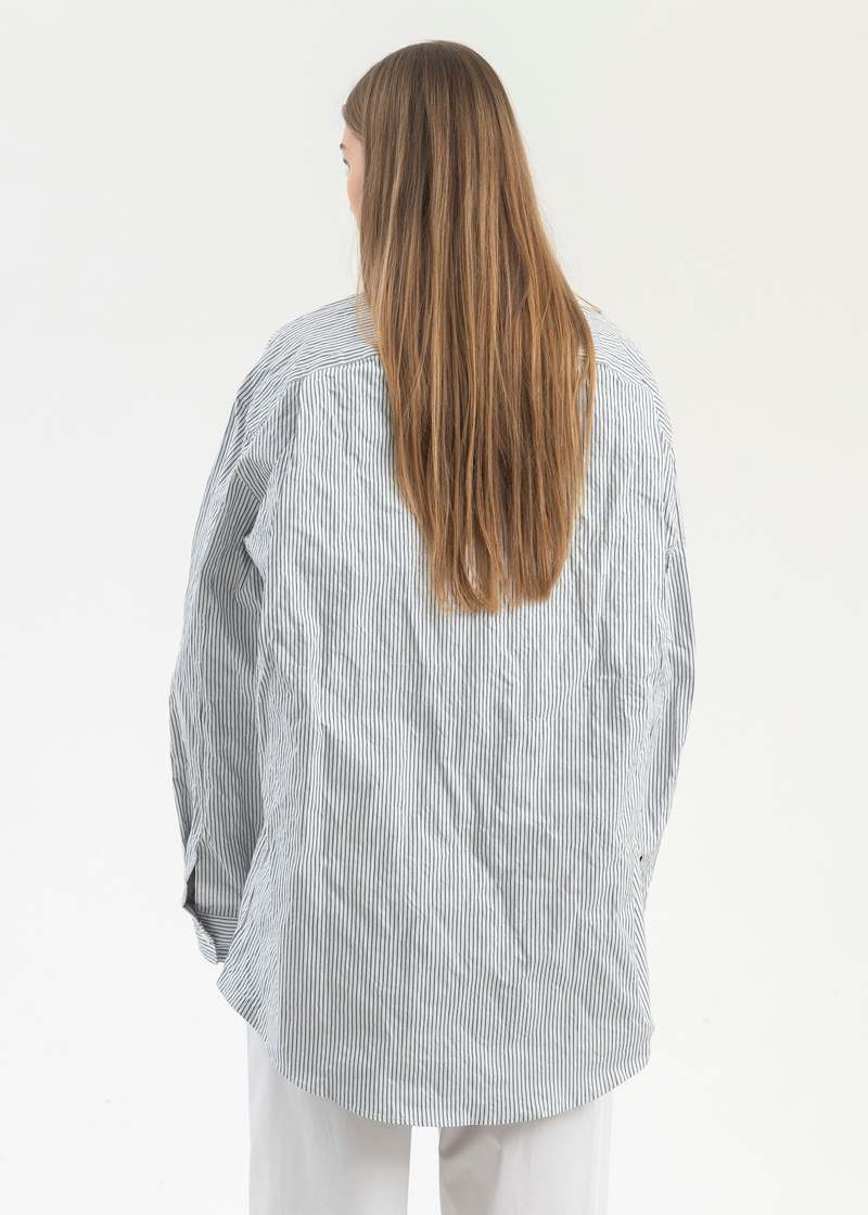 Hed Mayner Crinkled Shirt - White/Navy Pinstripe | Garmentory