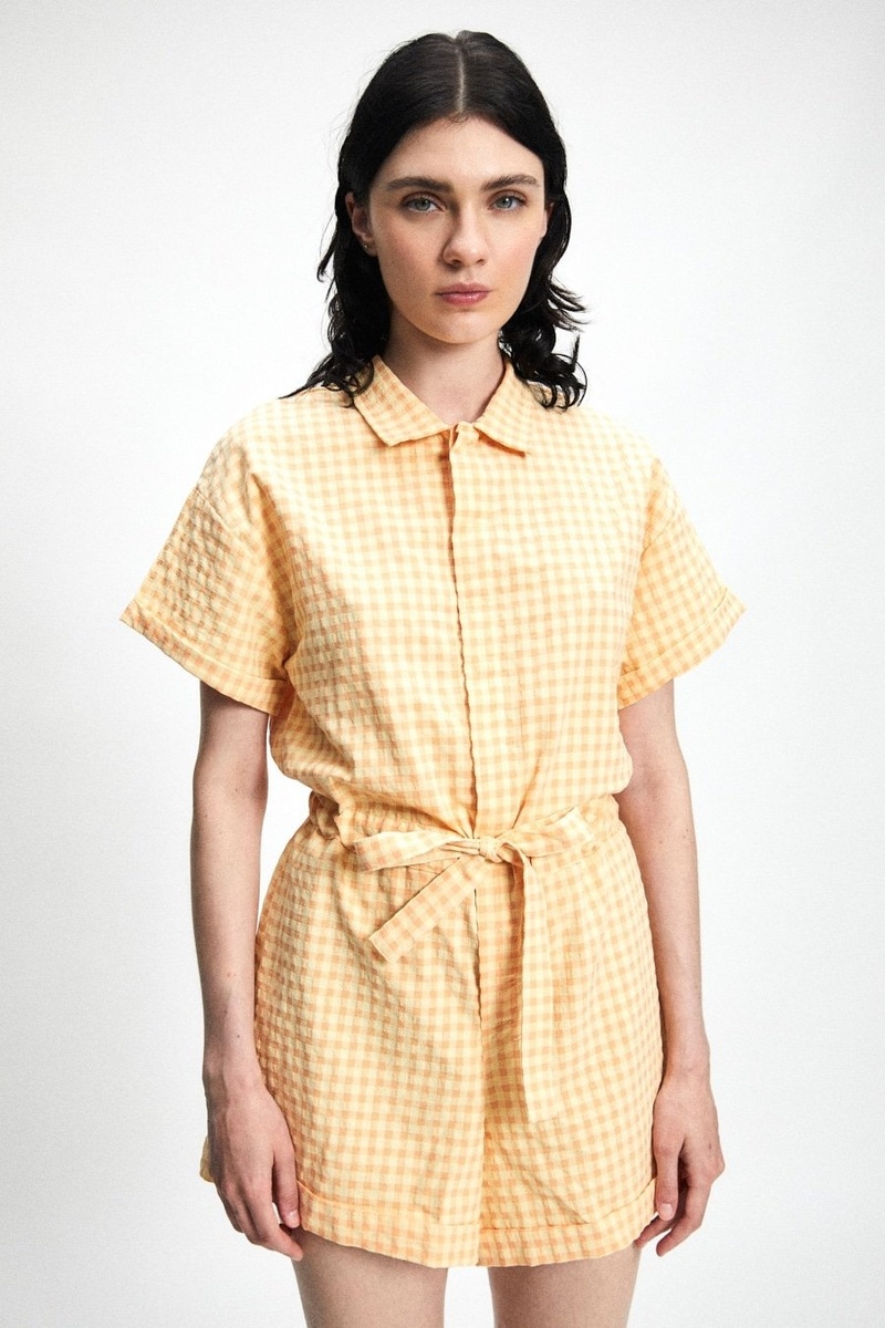 Rita Row Gudrun Short Checkered Jumpsuit - Peach | Garmentory