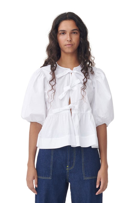 トップス Ganni Cotton Poplin Peplum Blouse Sky Captain Blue Cotton Poplin Peplum Tie Blouse | GANNI US