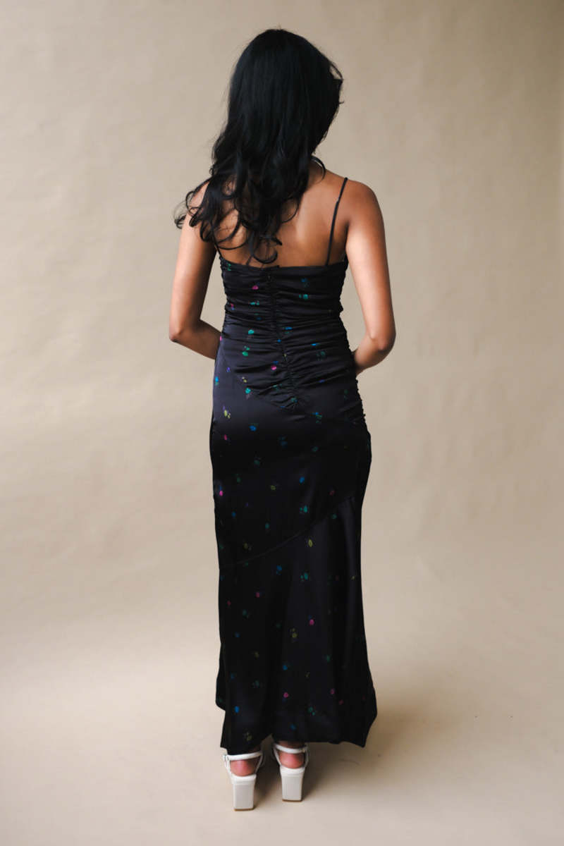 Ganni PRINTED SATIN RUCHED LONG SLIP DRESS - black | Garmentory