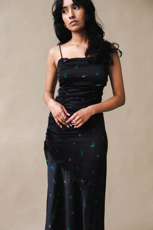 Ganni PRINTED SATIN RUCHED LONG SLIP DRESS - black | Garmentory