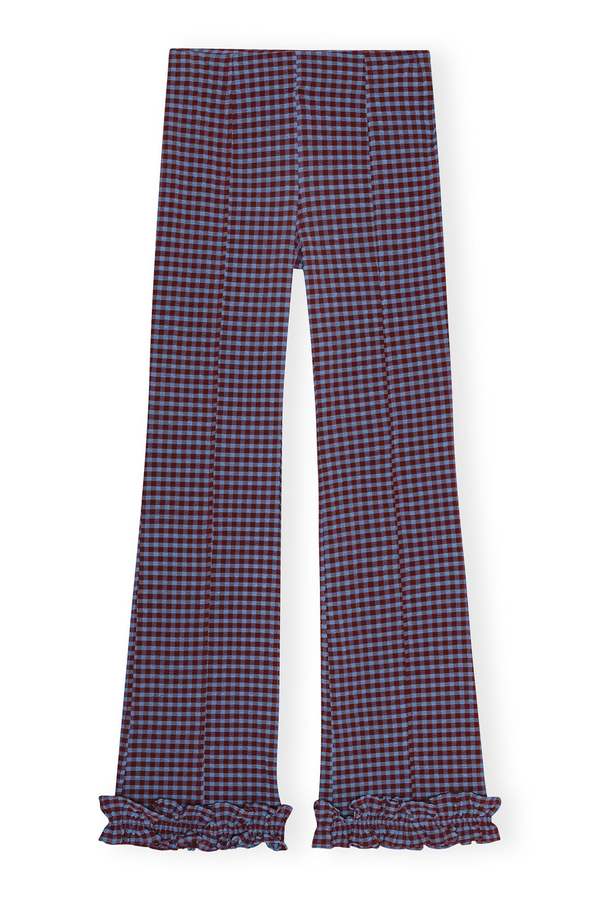 Ganni Stretch Seersucker Frill Pants - Blue/Red Gingham