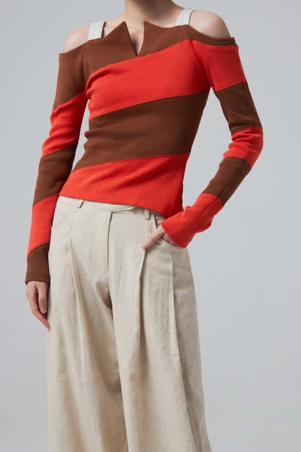 Kijun Stripe Off Shoulder Top - Brown/Orange Red