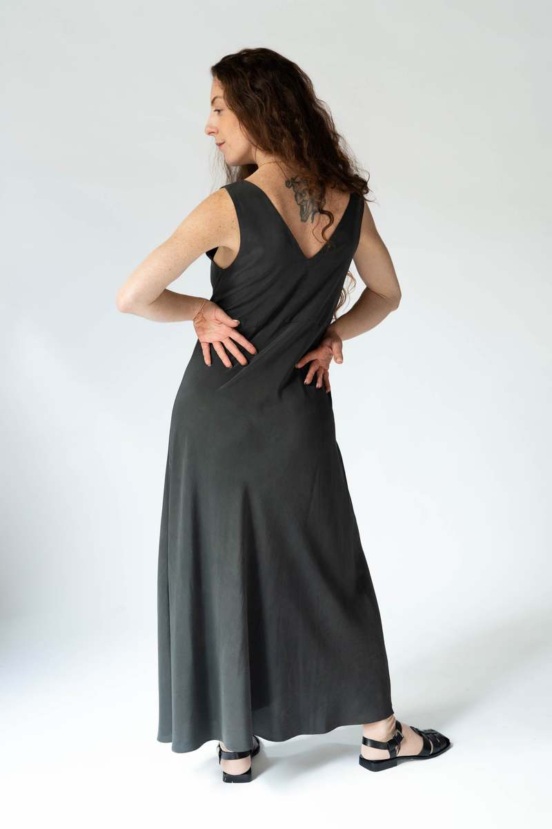 OUND HAND DYED SILK TELMO DRESS - EUCALYPTUS ON IRON POT