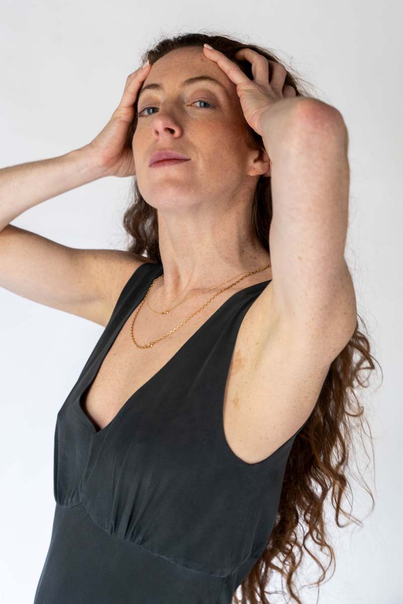 OUND HAND DYED SILK TELMO DRESS - EUCALYPTUS ON IRON POT