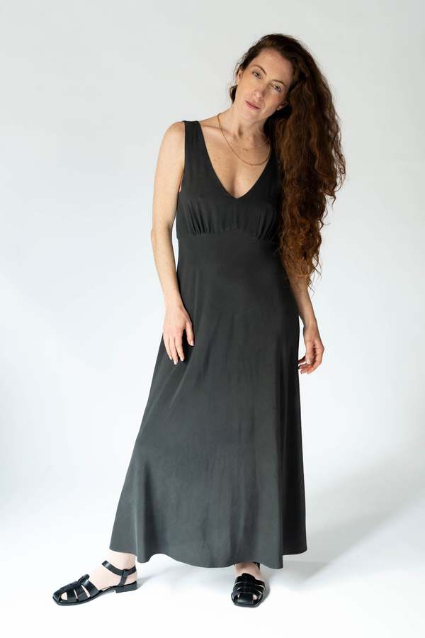 OUND HAND DYED SILK TELMO DRESS - EUCALYPTUS ON IRON POT