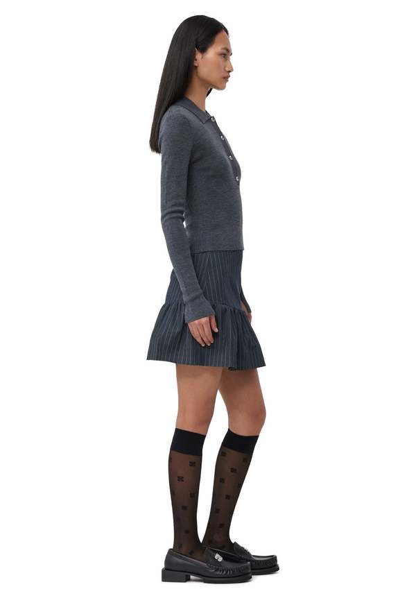 Ganni Stretch Stripe Flounce Mini Skirt - Gray Pinstripe | Garmentory