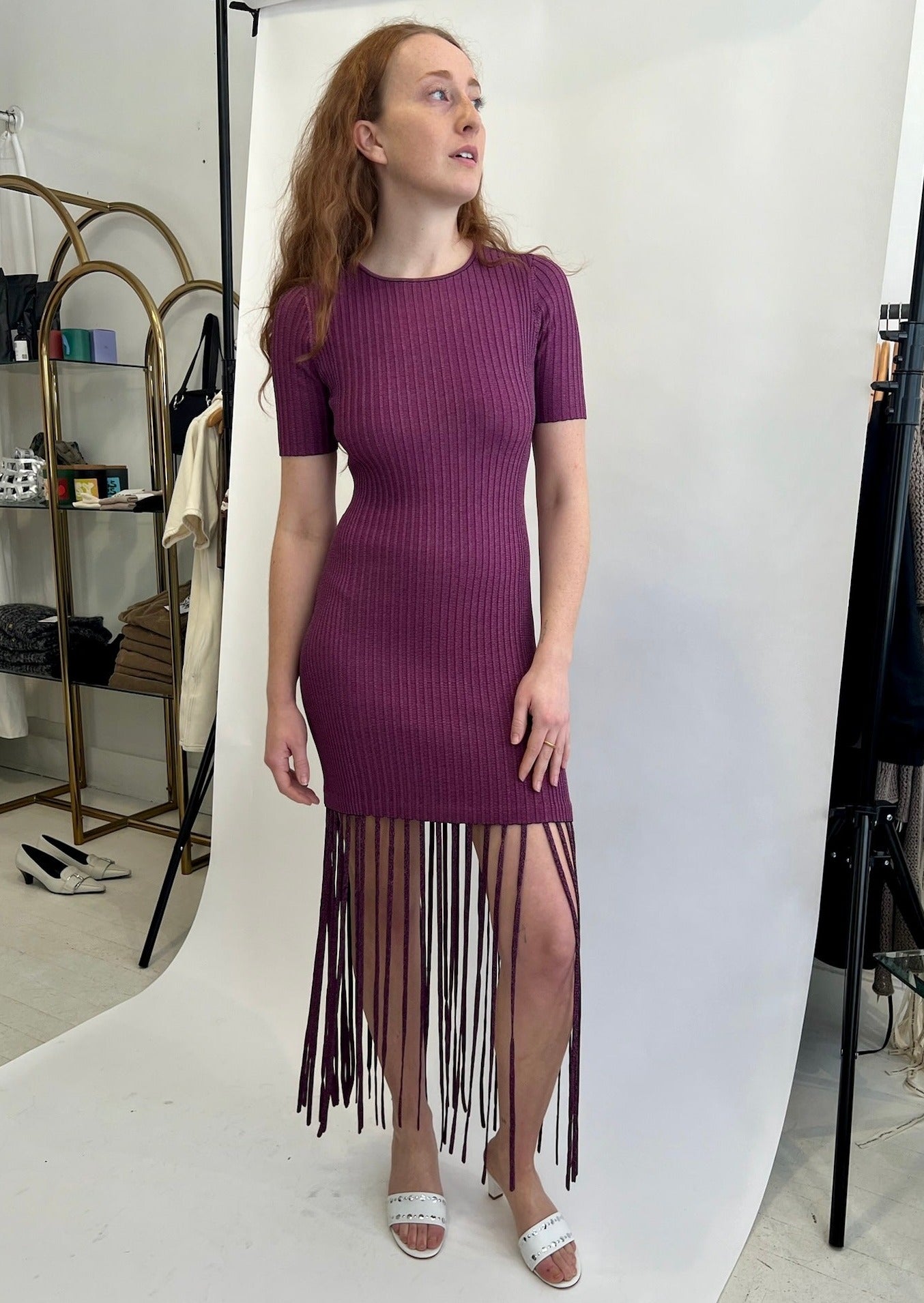ganni melange knit mini dress Fringe Short Sleeve sukienka wzorzysta