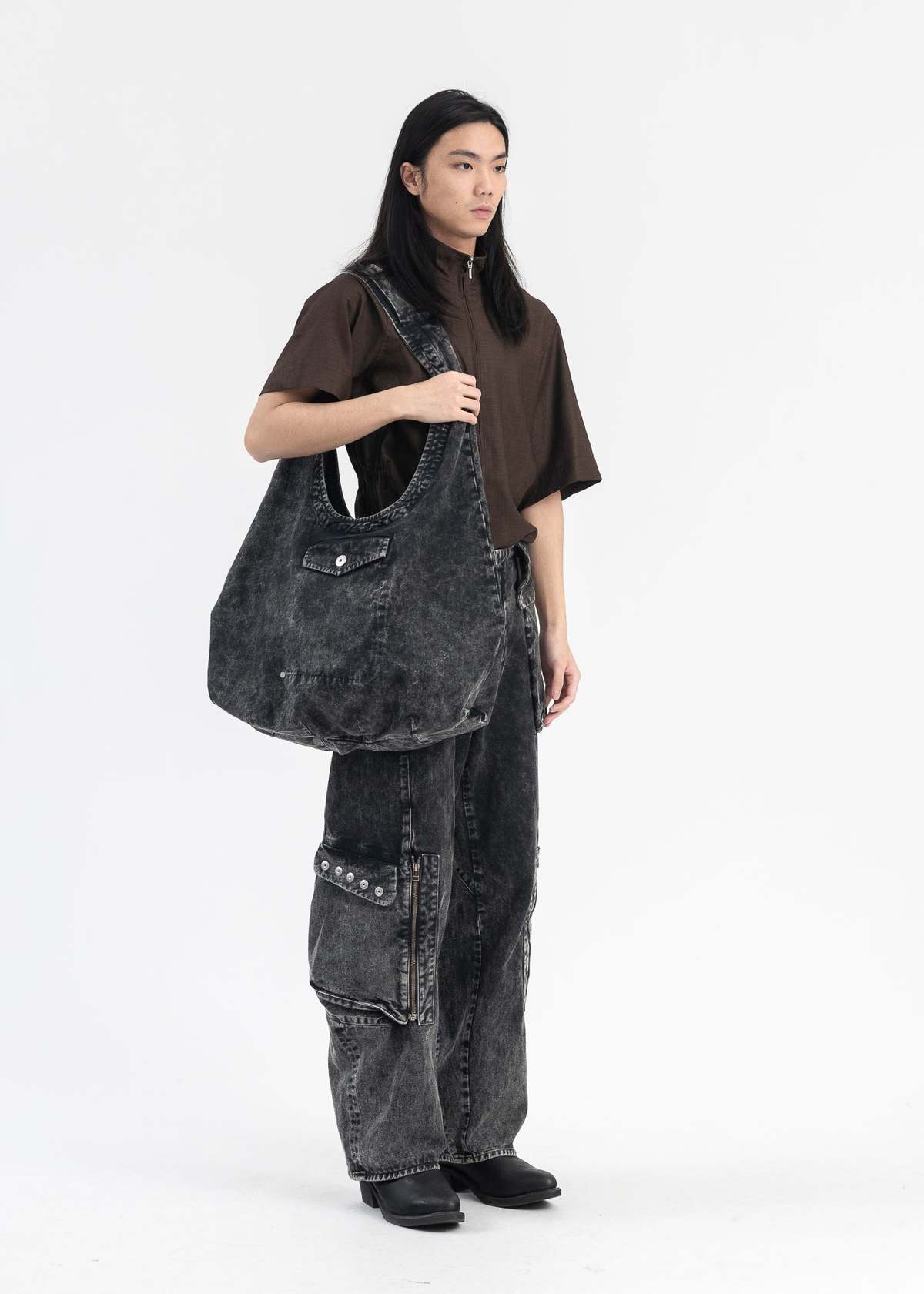 Omar Afridi DISCHARGE DENIM BODY SHOULDER BAG - POWDER GREY  