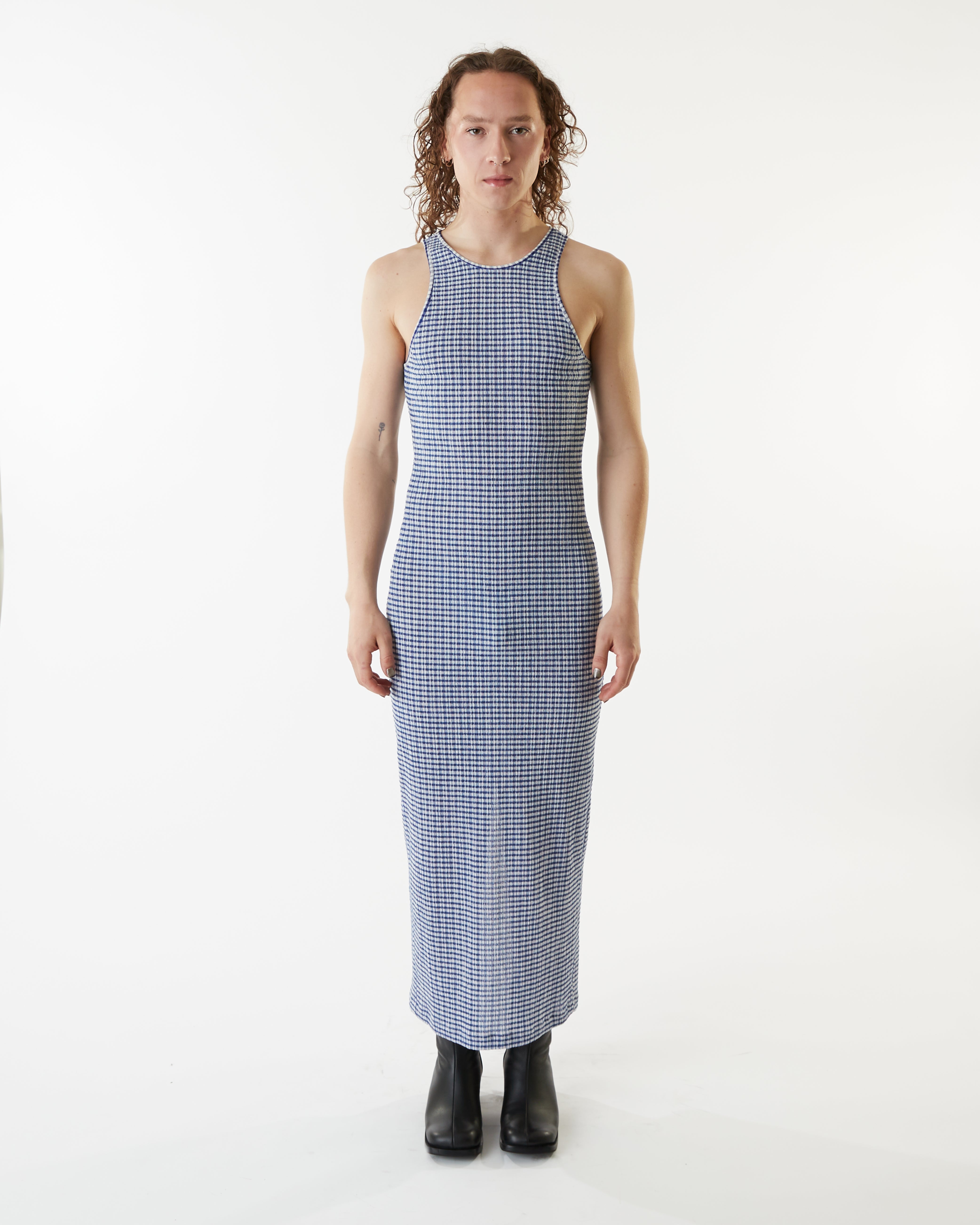 CARTOGRAPHIC PATTERN DRESS ブルーM Tile Pattern Shirring Dress | Pasand by ne Quittez pas