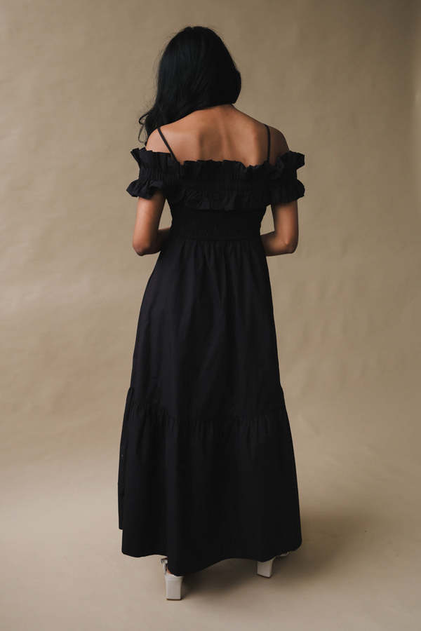 Ganni COTTON POPLIN LONG SMOCK DRESS - Black | Garmentory