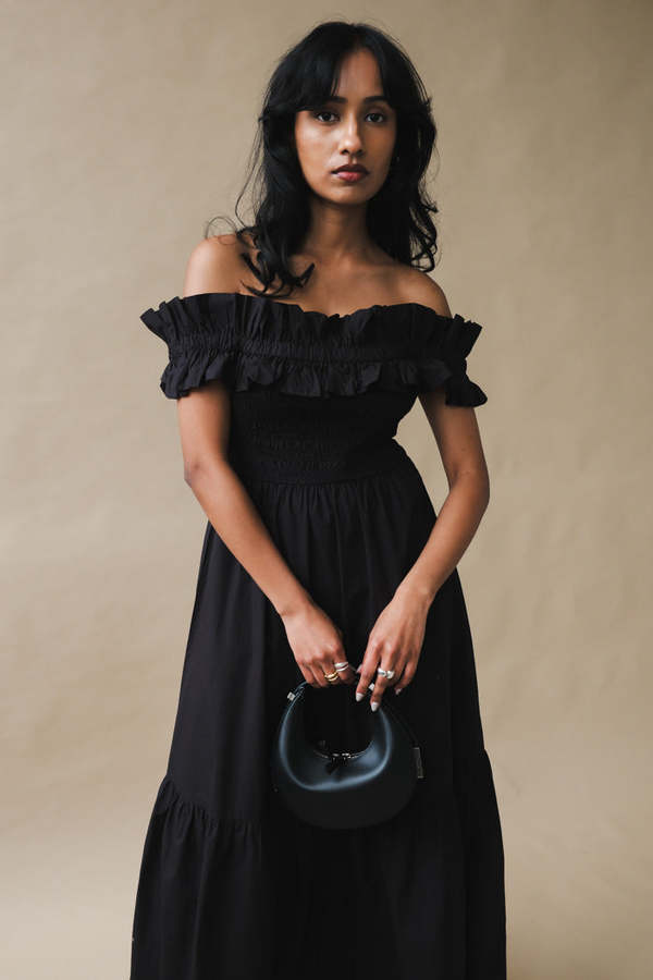 Ganni COTTON POPLIN LONG SMOCK DRESS - Black | Garmentory