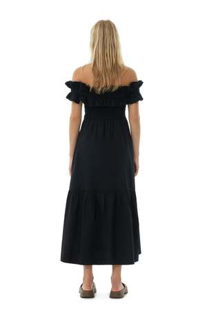 Ganni COTTON POPLIN LONG SMOCK DRESS - Black