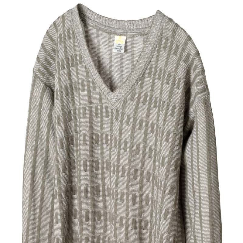 VEB Thringer Obertrikotagen (Germany) Interlock Cotton Knit Garter Block V Neck Jumper Beige : L