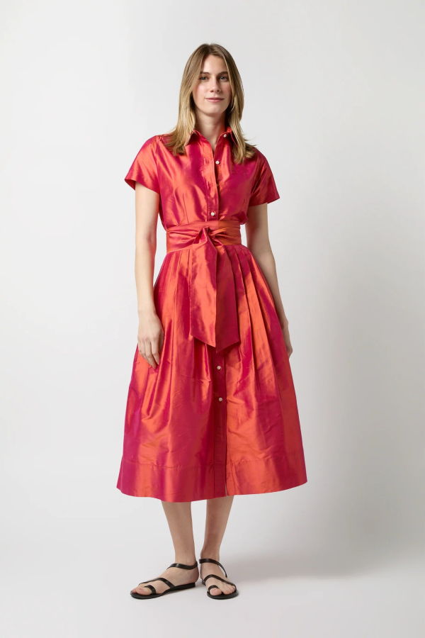 Ann Mashburn Short Sleeved Classic Shirtwaist Iridescent Silk Shantung Dress - Tomato