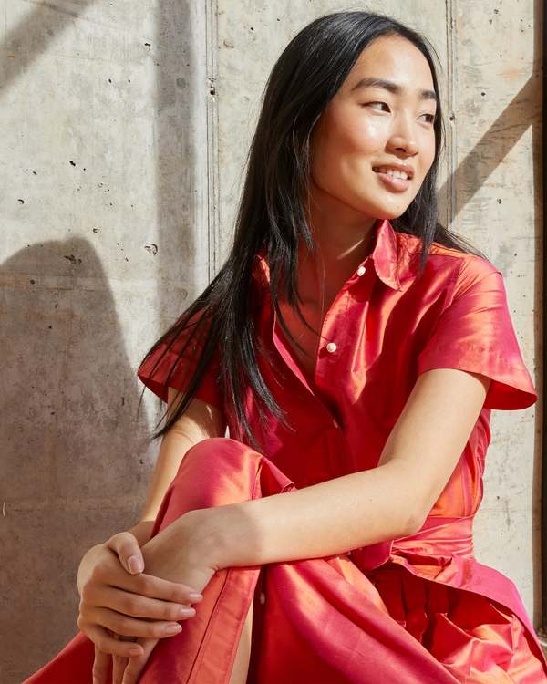 Ann Mashburn Short Sleeved Classic Shirtwaist Iridescent Silk Shantung Dress - Tomato | Garmentory Ann Mashburn Short Sleeved Classic Shirtwaist Iridescent Silk Shantung Dress - Tomato | Garmentory