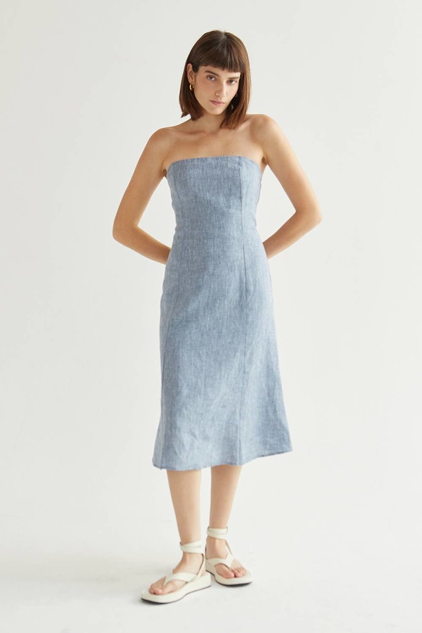 Crescent Sofia Linen Midi Dress - Light Blue | Garmentory