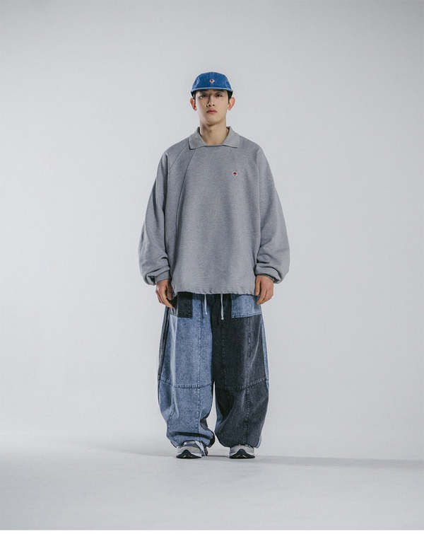 【ANGLAN】Stopper Half Denim Balloon Pants ANGLAN IN SUMMER - Striped Zip up Half Shirt - Balloon