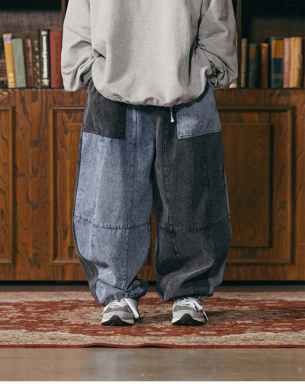 Anglan Denim Mix Fatigue Balloon Pants - Blue/Grey | Garmentory