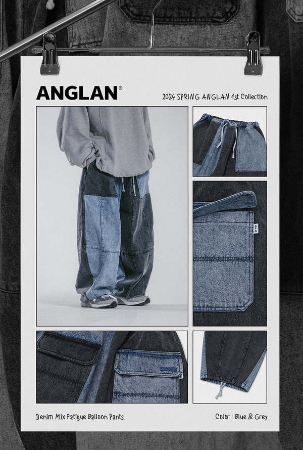 Anglan Denim Mix Fatigue Balloon Pants - Blue/Grey | Garmentory