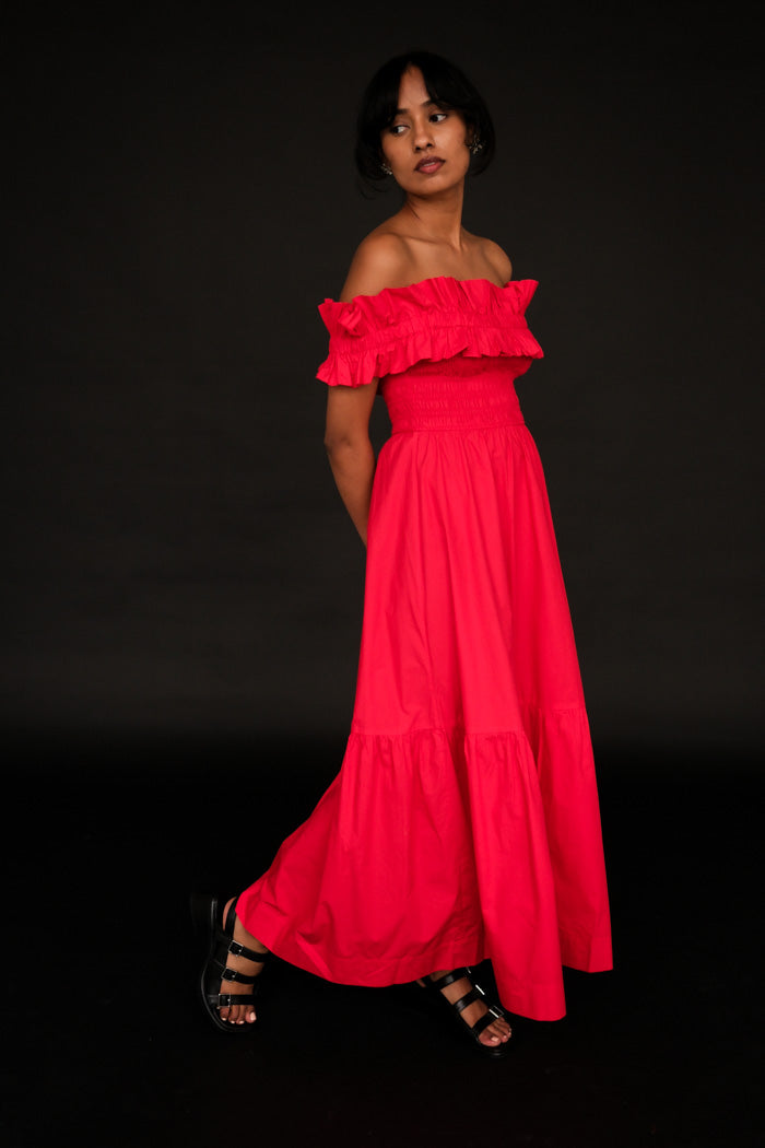 Ganni COTTON POPLIN LONG SMOCK DRESS RACING RED