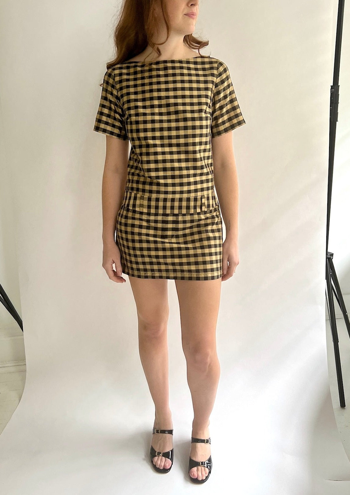 slim fit dress slacks White, Gold, & Black Plaid Fuzzy Chore Dress with Flutter Sleeve - M main image 0