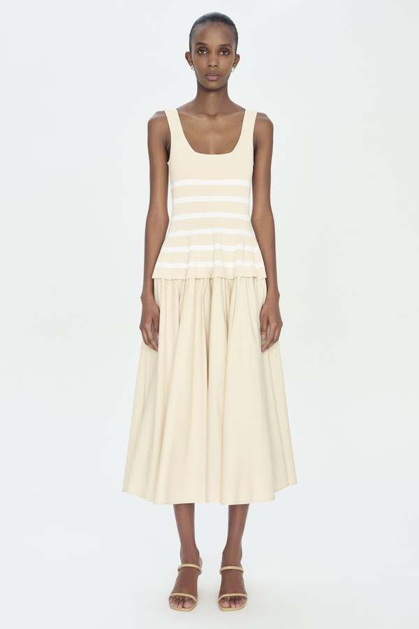 Simkhai Silas S/L Knit Bodice Midi Dress - Sand Stripe on Garmentory
