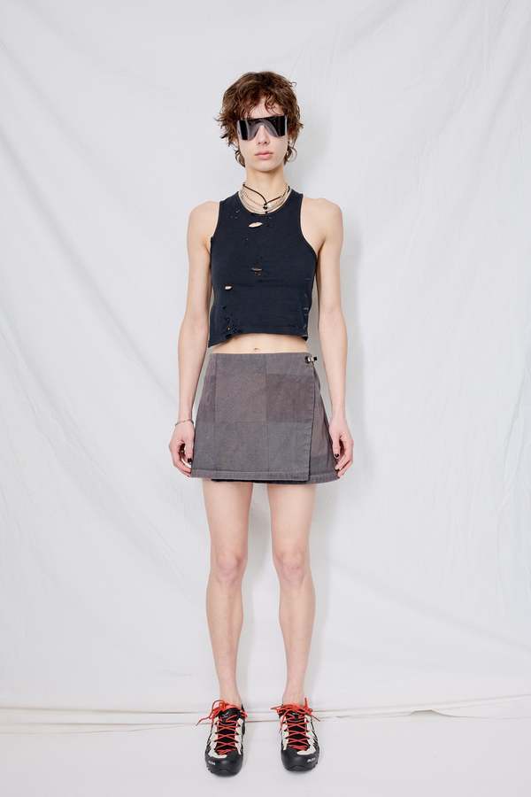 Assembly Patchwork Print Denim Mini Skirt Grey Wash Garmentory