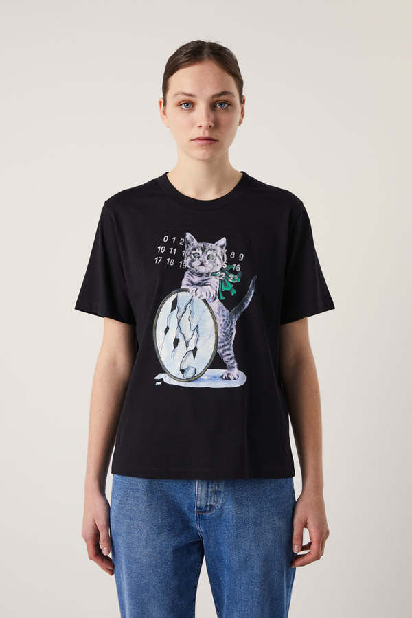 MM6 Maison Margiela Black T-shirt For Girl With Cat Print