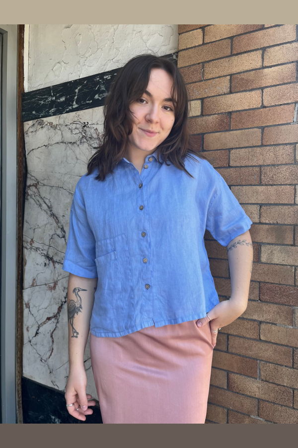 Indi & Cold Linen Crop Shirt - Glacial Blue