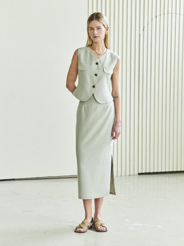 Maison De Ines Pocket Button Vest & H-line Slit Skirt Set - Olive Gray