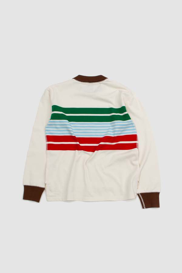 DRAKE'S Centre Stripe Mock Collar LS Jersey - White/Green