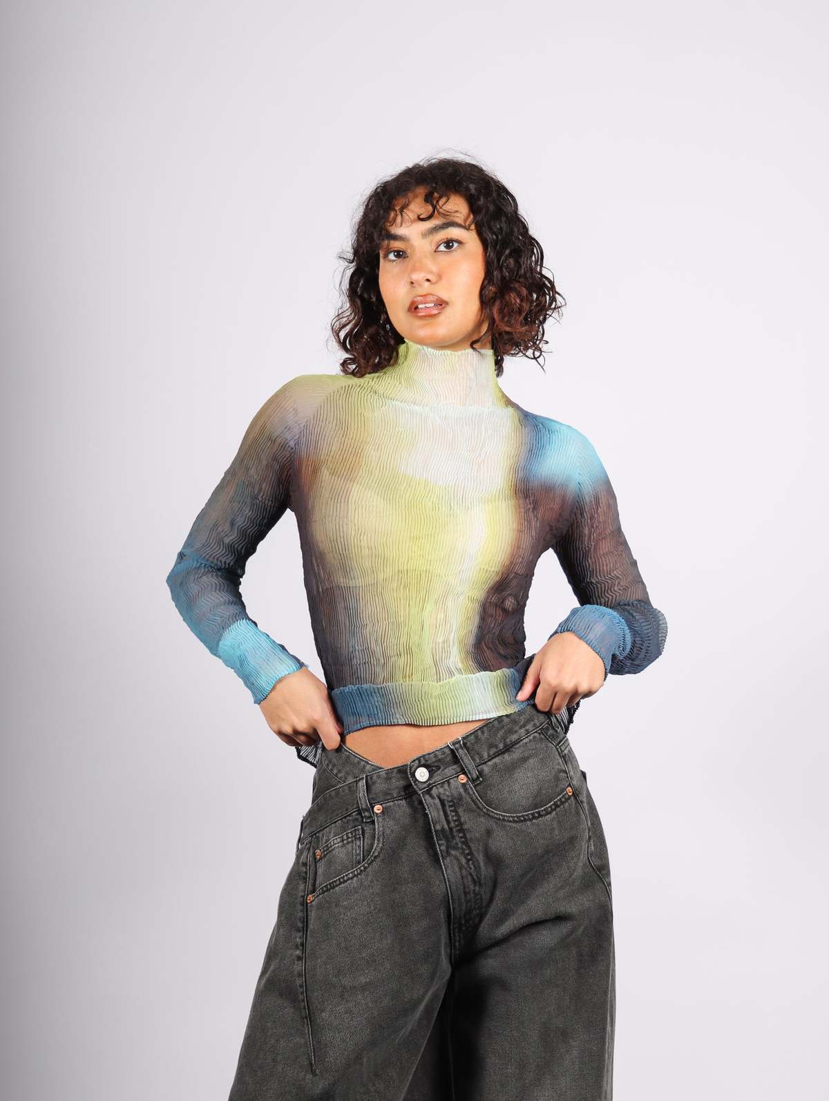 Light Leak Chiffon Twist Top - Yellow/Dark Blue | Garmentory