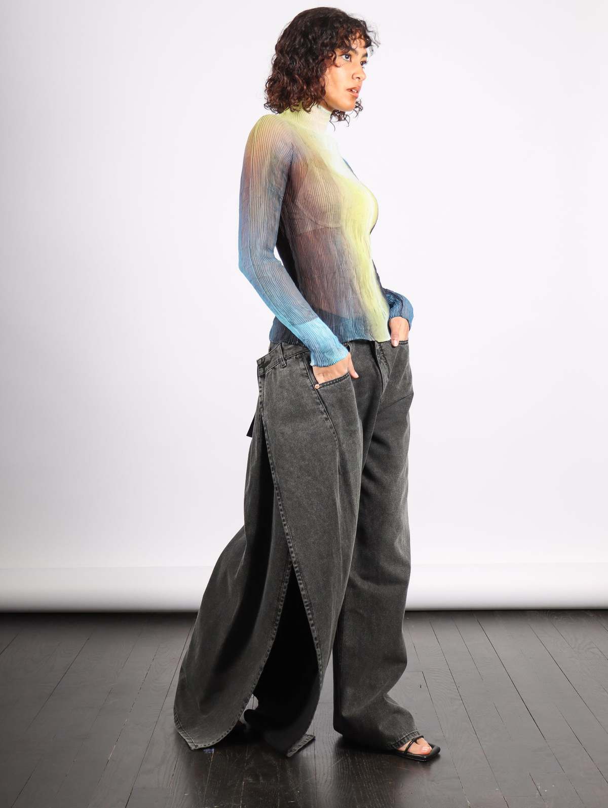 Light Leak Chiffon Twist Top - Yellow/Dark Blue | Garmentory